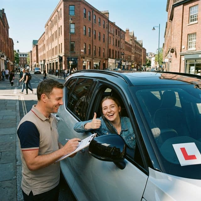 Happy student driver and instructor